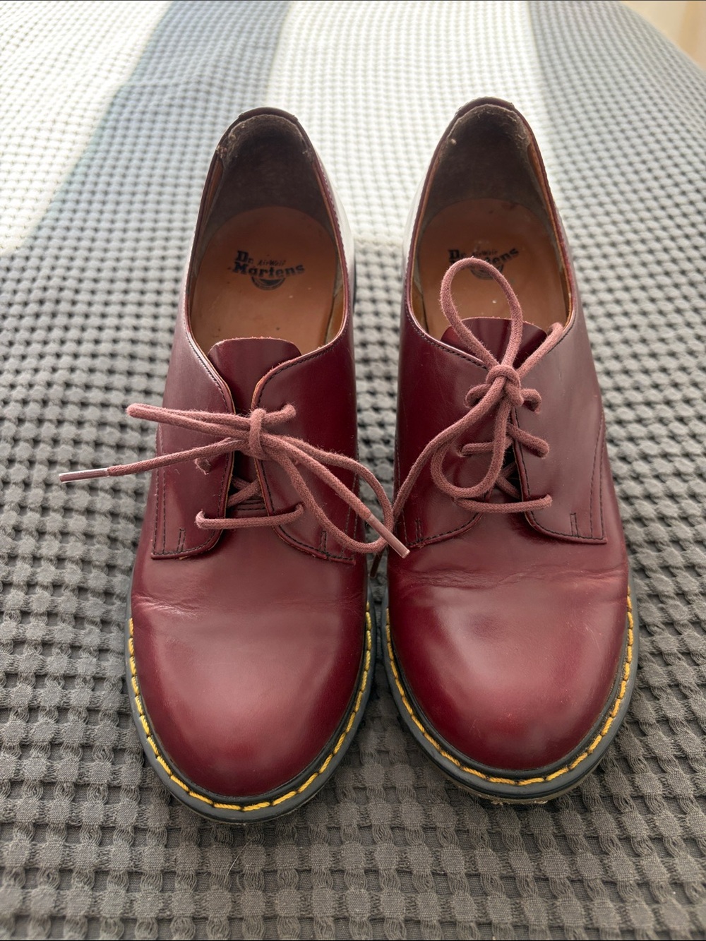 Dr. Martens Women's Burgundy Leather Lace-Up Boots with Yellow Stitching